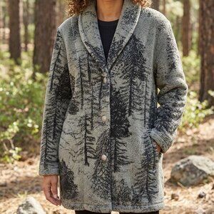 Vintage Y2K I-V-Y Sherpa Fleece Cardigan | Forest Tree Print | Size M | Gorpcore